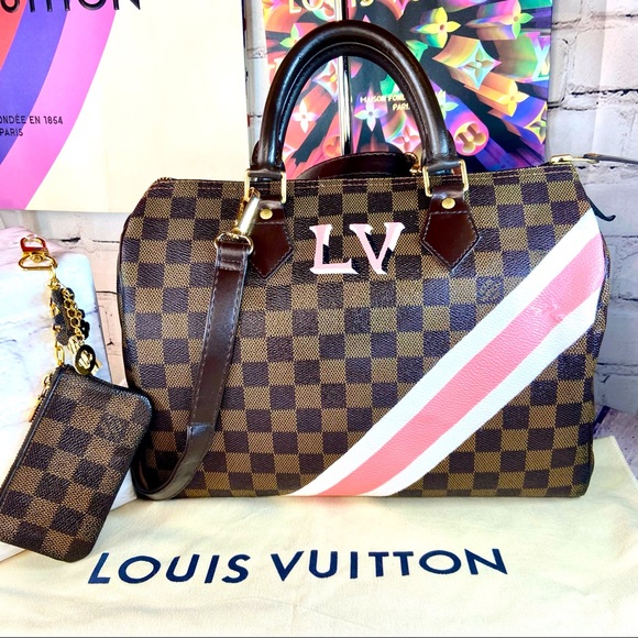 Louis Vuitton Handbags - Louis Vuitton Damier Ebene Speedy 30 custom painted with key Cles pouch